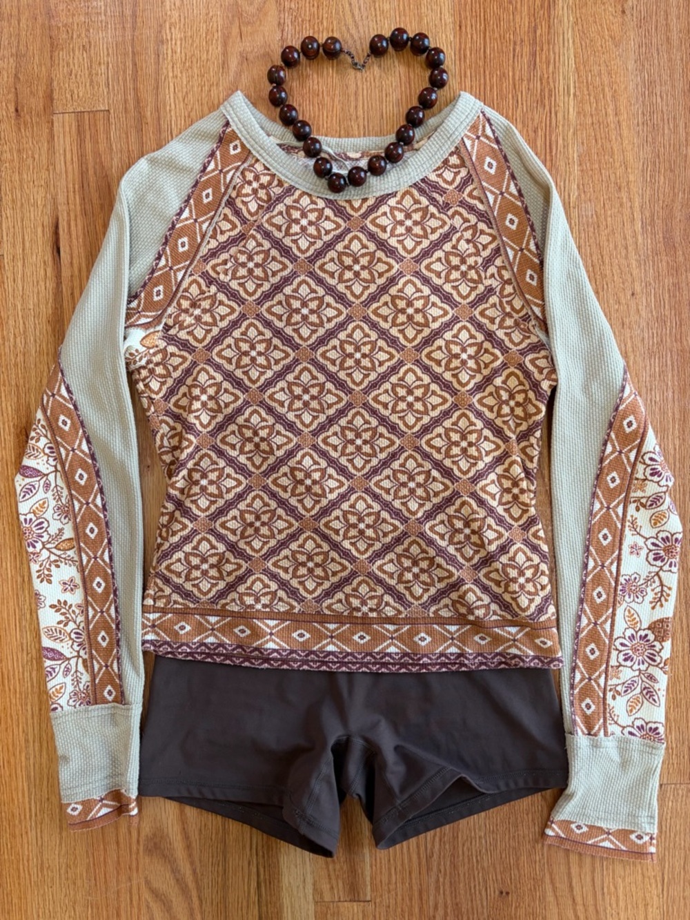 Free People Paisley/Y2K Peach and Beige Long-Sleeve Top
